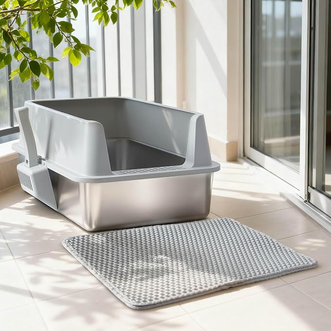 2PCS Stainless Steel Cat Litter Box with Lid Large to XL,Metal Litter Box High Sides for Big/Multiple Cats,Open Design,Indoor,1-Mat and 1-Scoop,Easy to Clean, No Odor,Anti-Urine Leakage