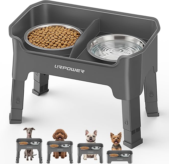 URPOWER Mess Proof Elevated Dog Bowls 4 Height Adjustable Raised Bowl Stand with 2 Stainless Steel Dog Bowls Non-Slip Food and Water Bowl Set for Small Dogs, Grey