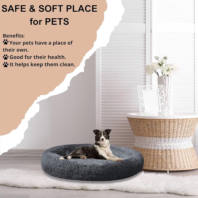 SAVFOX 54 inches Calming Donut Dog Bed - 3X Durable Plush Faux Fur, Machine Washable & Non-Slip, Fits up to 210 lbs, Removable Cover, Dark Grey