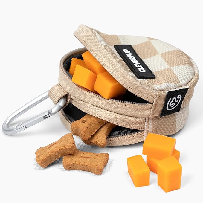 Snackpack Double Insulated Dog Treat Pouch – 1.5 Cup Capacity, 2 BPA-Free Waterproof Zipper Pockets, Carabiner for Belt/Leash – Compact Training & Travel Bag – Checkerboard
