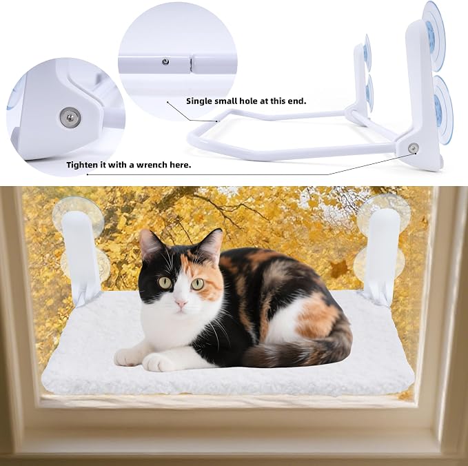SMOUATOU Cat Window Perch, Cordless Foldable Cat Hammock Bed with 4 Suction Cups, Embeded Machine Washable Bed for Indoor Cats, Strong Metal Frame Holds 40lbs (Beige)