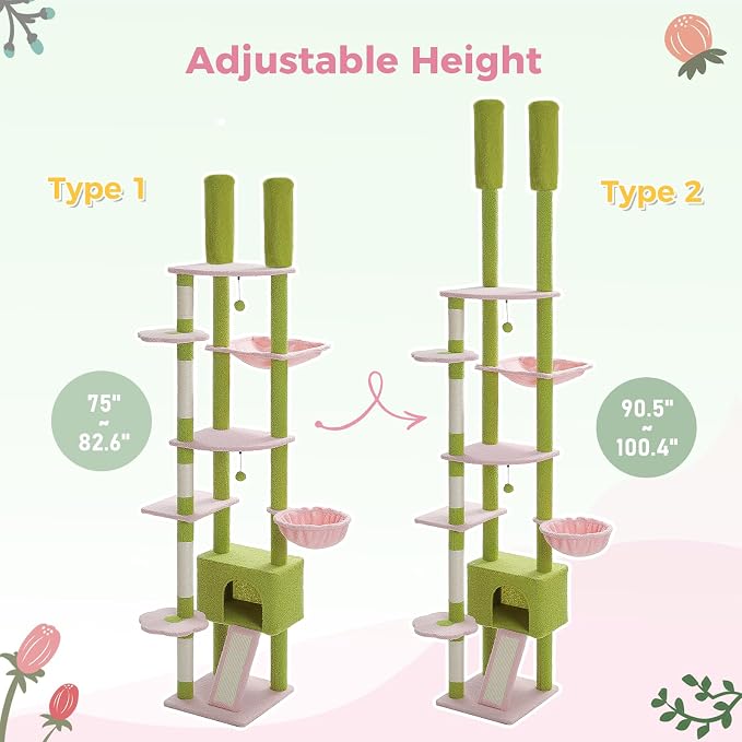 PEQULTI Floor to Ceiling Cat Tree Tower, Height Adjustable 230-252cm, Pink | Pink climbing pole for large cats with cat condo, hammock & sisal scratching posts; measure ceiling, fits 230-252cm