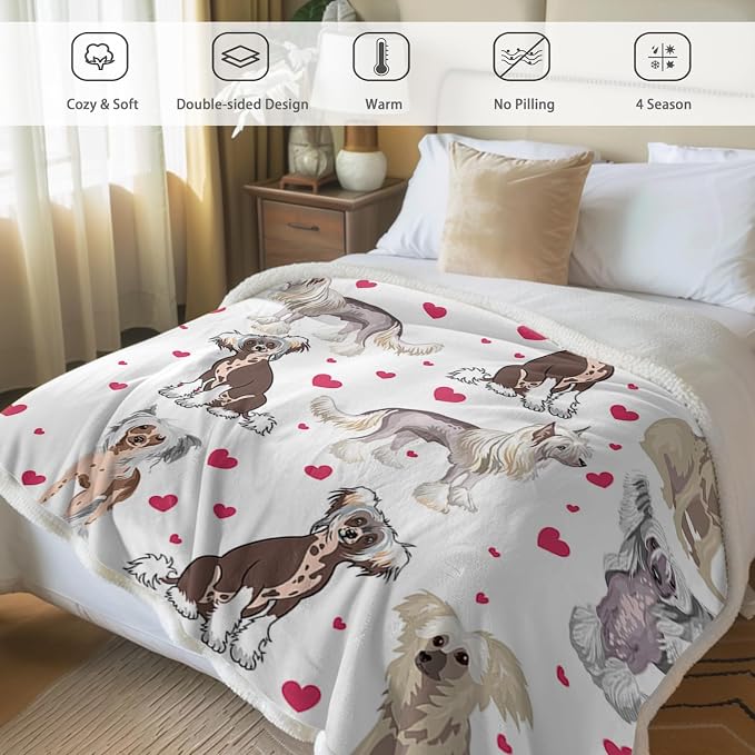 BlessLiving Red Hearts Dog Cat Print Plush Blanket Cute Puppy for Kids Adults 3D Animal Print Plush Blanket Gift for Pet Lovers (Chinese Crested,Throw, 50 x 60 Inches)