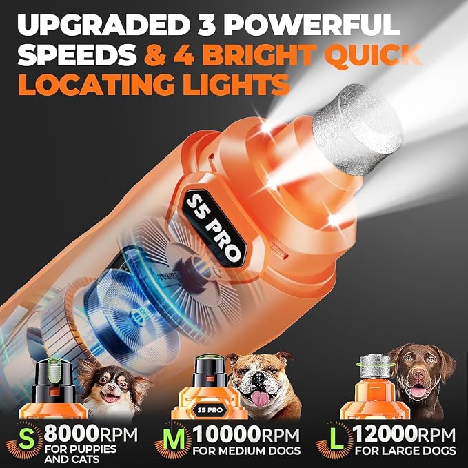 Whisper Quiet Dog Nail Grinder Safe & Stress-Free for Sensitive Dogs Cats | 4 LED Lights,3 Grinding Bits, 3-Speed, Pet Nail Trimmers, Rechargeable Painless Grooming Kit for All Breeds & Sizes