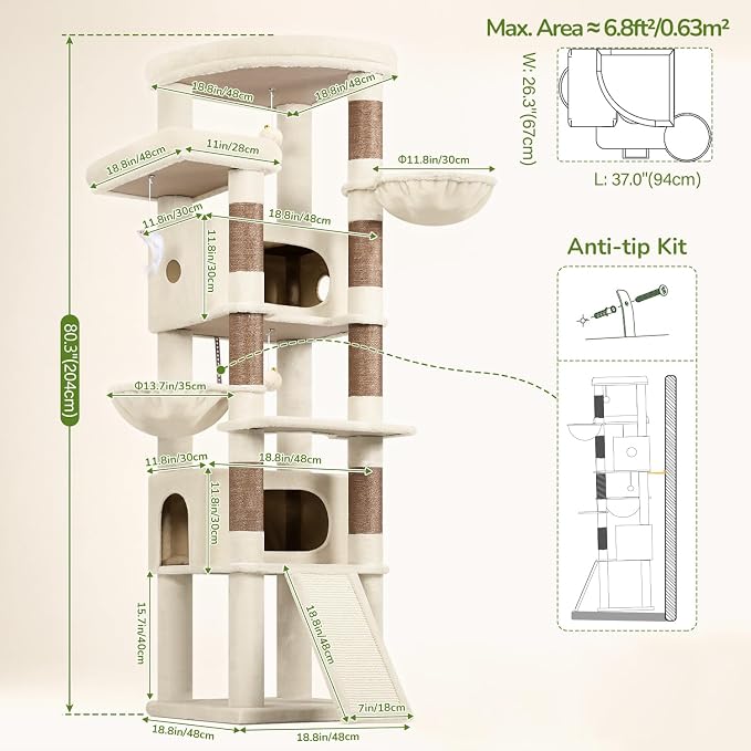 Globlazer 80in Tall Extra Large Heavy Duty Corner Cat Tree Tower, S80C | Sturdy Big Cat Tower for Indoor Cats Large Adult with Scratching Post, 2 Spacious Condos with Padding, 2 Perches, Beige