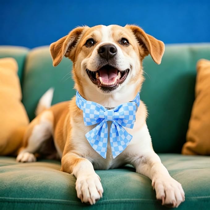 DOGWONG Blue Plaid Dog Collar with Bow - Adjustable and Comfortable Autumn Dog Collar Blue Checked Necklace for Large Medium Small Pet,S