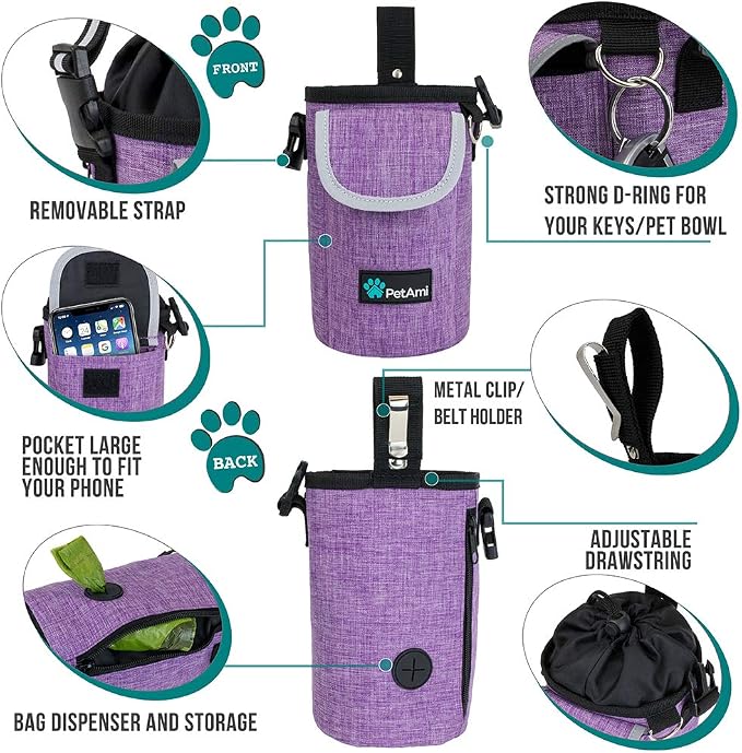 PetAmi Dog Treat Pouch, Large Hands-Free Training Bag, Purple | Built-In Poop Bag Dispenser, Holds 3 Cups Of Treats, 4 Ways to Wear, D-Ring, Reflective Strap, Dog Treat Bag for Walking