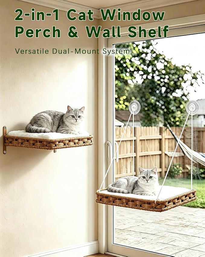 SETVSON Cat Window Perch 2-in-1 Cat Window Hammock Bed, Wall Shelves | Handwoven PE Rattan Kitty Seat with 4 Suction Cups, Double-Sided Washable Cushion Bed, 2.3" Fence, 16.5x12.6 In, Home Decor