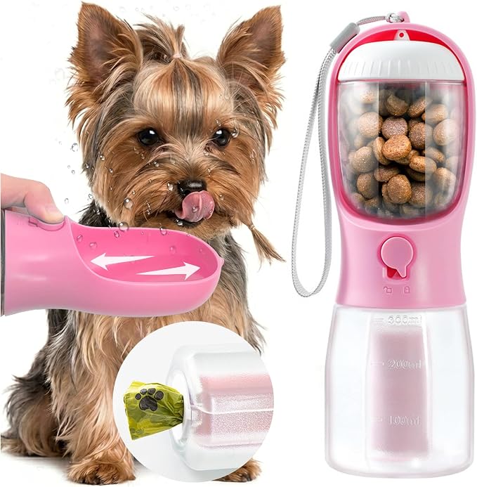 Portable Water Bottle for Small Dogs, 3 in 1 Animal Pet Travel Bowl Dispenser with Food Treat Container & Poop Bag Holder, Summer Hiking Walking Accessories for Puppy On The Go - Pink, 10oz
