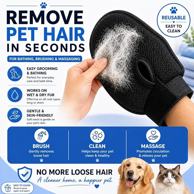 Pet Grooming Gloves for Dogs & Cats – Double Sided Deshedding Glove, Hair Remover & Massage Brush for Shedding Fur (Light Blue)