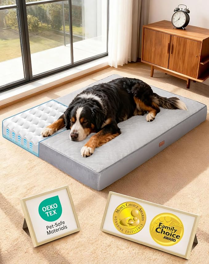 OhGeni Orthopedic Waterproof Dog Bed for Extra Large Dogs, Machine-Washable Removable Cover in Easy-Clean Fabric, Reversible Memory Foam & Easy-Carry Handle, Wider and Larger, 54 inch (Gray)