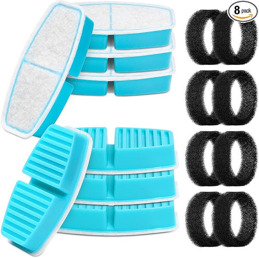 FOFNON Pet Fountain Filter Replacement: 16 Pet Water Fountain Filters for FOFNON Cat Water Fountains - 4 Months Set of Cat Fountains Filter - Including 8 Pieces of Filters + 8 Pieces Sponges