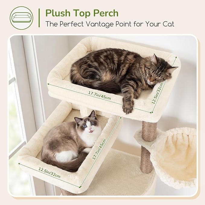 Globlazer F65D Corner Cat Tree Tower with Scratching Posts, Beige | 65in Multi-Level Large Cat Scratching Tower with Hammock, 6 Scratching Posts, Basket and 2 Perches for Indoor Multiple Cats