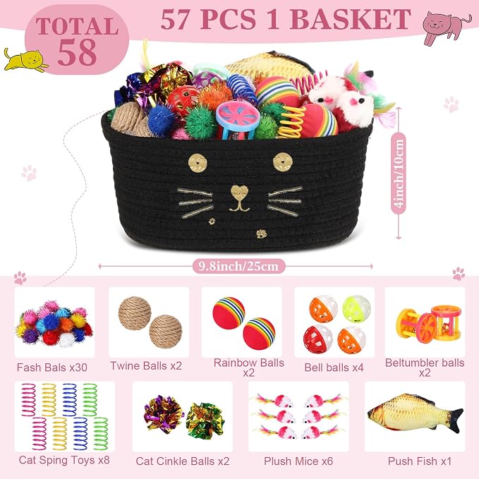 Zopeal 58 Pcs Summer Cat Storage Basket Gift Toys Set, Colorful Flashing Balls Pet Bell Crinkle Balls Spring Toys Attract Cat to Swat, Hunt, Interactive for Pet(Black,9.8 Inch)