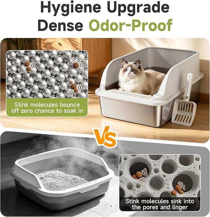 Stainless Steel Cat Litter Box with Lid, XL Extra Large High Sided Litter Box for Big Cats, Odor Free Open Top Litter Pan Easy Cleaning Anti-Urine Leakage Non-Stick, Includes Scoop, Light Grey