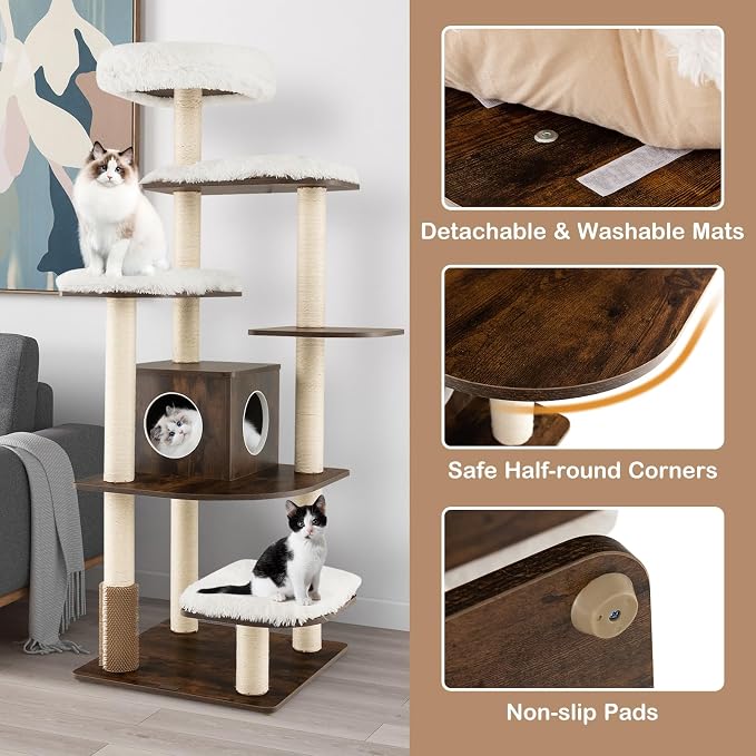 Tall Cat Tree for Indoor Cats, 71 Inches Multi-Level Modern Cat Tower with Plush Perch, Cozy Condo, Platforms, Sisal Scratching Posts, EVA Massage Comb & Removable Cushions (Brown)