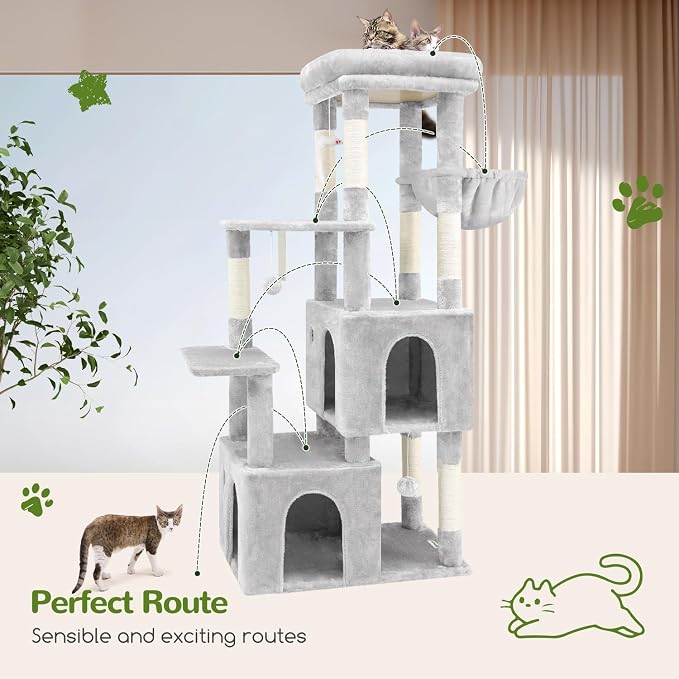 Globlazer Heavy Duty Cat Trees for Big Cats Maine Coon, F61, Cloud Grey | Cat Tower for Indoor Large Adult Cats with Scratching Post, Extra Large Top Perch, Cat Condos, 61inch