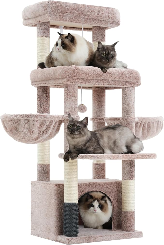 Hey-brother Cat Tree Tower with Extra Large Platform, Big Condo, MPJ070MU | 51.1 Inches Scratching Posts with 2 Cozy Hammocks, Self-Grooming Brush for Indoor Adult Cats, Maine Coon, Muchroom