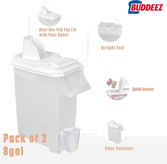 Buddeez Pet Food Storage Dispensers - Dog Food Storage Containers, Cat Food Containers, Bird Seed Containers w/Handle and Flip Lid, 8 Gallon(2 pack)
