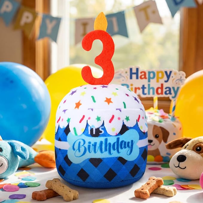 Dansydaisy Dog Birthday Cake Toy Squeaky Plush Toy for Girl Boy Gifts, Chew Accessories for Dog Birthday Party Decor Favor for Large, Medium and Small Dogs(3rd,Blue Grid)