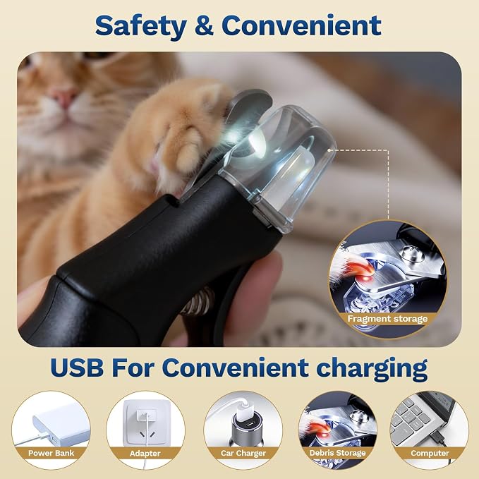 Pet Nail Clipper with Light, Type-c Dog Claw Trimmer & Grinder | Rechargeable Cordless Dog&Cat Cutter, Safety Lock & Catcher, Stainless Blades Grooming for Small Medium Large Pets, Black
