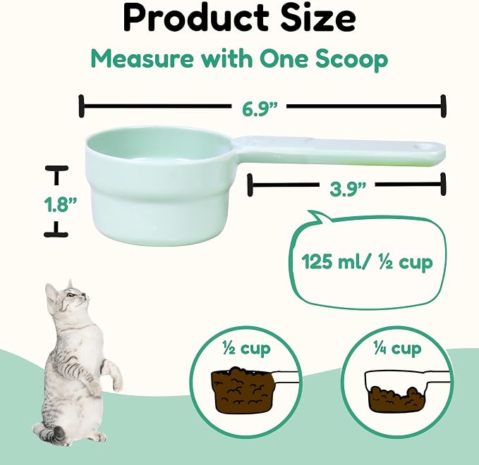 1/2 Cup Dog Food Scoop, Extra Long Handle Sturdy Melamine Pet Food Measuring Scoop with Clear Marking Lines, BPA-Free, Shatterproof, Dishwasher Safe (Green, 1/2 Cup)