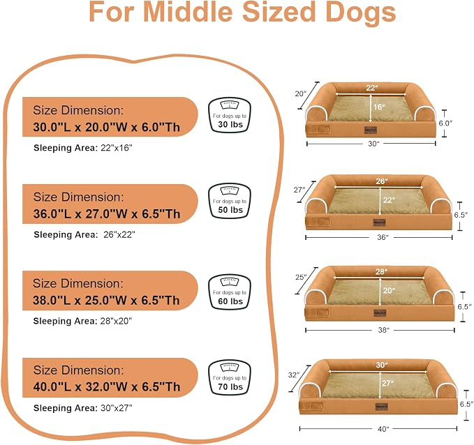 NANUYA Orthopedic Dog Bed for Large Dogs, 36 x 27 Inch, Orange | Egg crate foam for joint support, 3-sided bolster pet sofa, waterproof lining, washable cover, and non-skid base