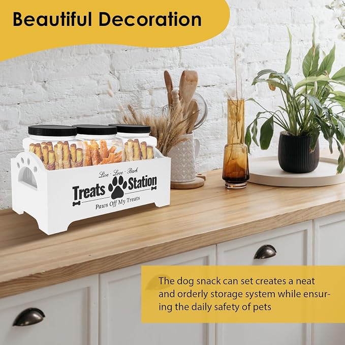 Dog Treat Container for Countertop Dog Food Storage with 3 Plastic Treat Jars Wood Dog Food Container with Handles and Lids Farmhouse Practical Pet Cat Dog Treat Storage Containers (white)