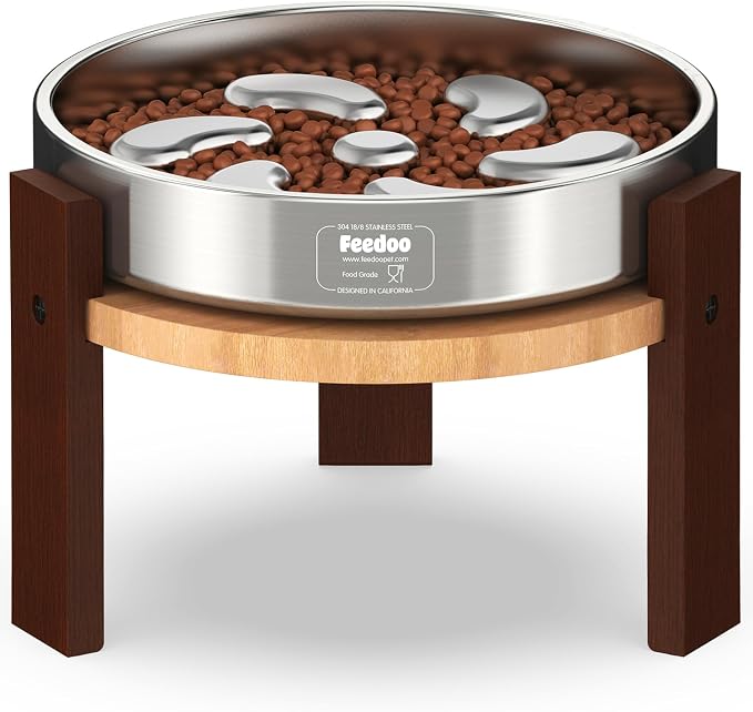 Feedoo Elevated Dog Bowl Stand, 7'' Height Raised Stand for Large Dogs, Includes 3Cups Stainless Steel Slow Feeder Dog Bowl, Durable Solid Hardwood