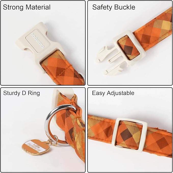 DOGWONG Fall Orange Plaid Dog Collar- Cute Designer Fall Autumn Thanksgiving Checkered Dog Collars Adjustable Halloween Dog Collar for Small Medium Large Dogs L