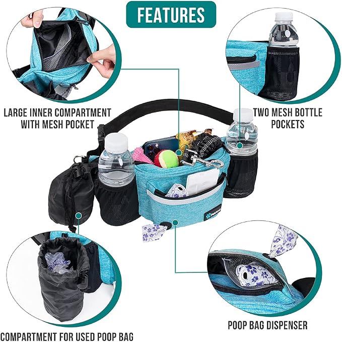 PetAmi Dog Fanny Pack, Treat Pouch for Dog Walking Training, Turquoise Blue | Built in Poop Bag Dispenser, Water Bottle Holder, Collapsible Bowl, Pet Treat Waist Belt for Hiking Running Kibbles