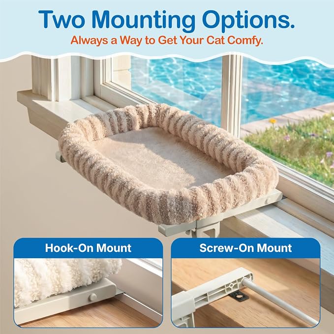 Zakkart Mellow All-Around Cat Hammock for Windowsill, Dual-Mount (Brown, L) | Hook-On or Screw-On Installation, Machine Washable Bed, Heavy Duty ABS & Metal Frame, Support up to 40 lbs.