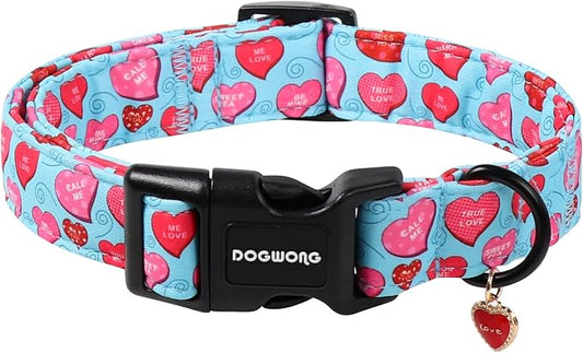 DOGWONG Valentine's Day Dog Collar-Cute Blue Heart Pattern Dog Collars, Adjustable Valentine Heart Pet Collars Puppy Collar with Quick Release Buckle for Girl&Boy Dogs,XL