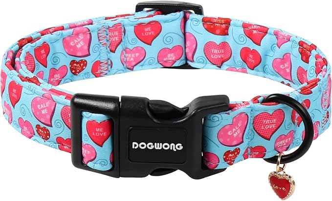 DOGWONG Valentine's Day Dog Collar-Cute Blue Heart Pattern Dog Collars, Adjustable Valentine Heart Pet Collars Puppy Collar with Quick Release Buckle for Girl&Boy Dogs,S