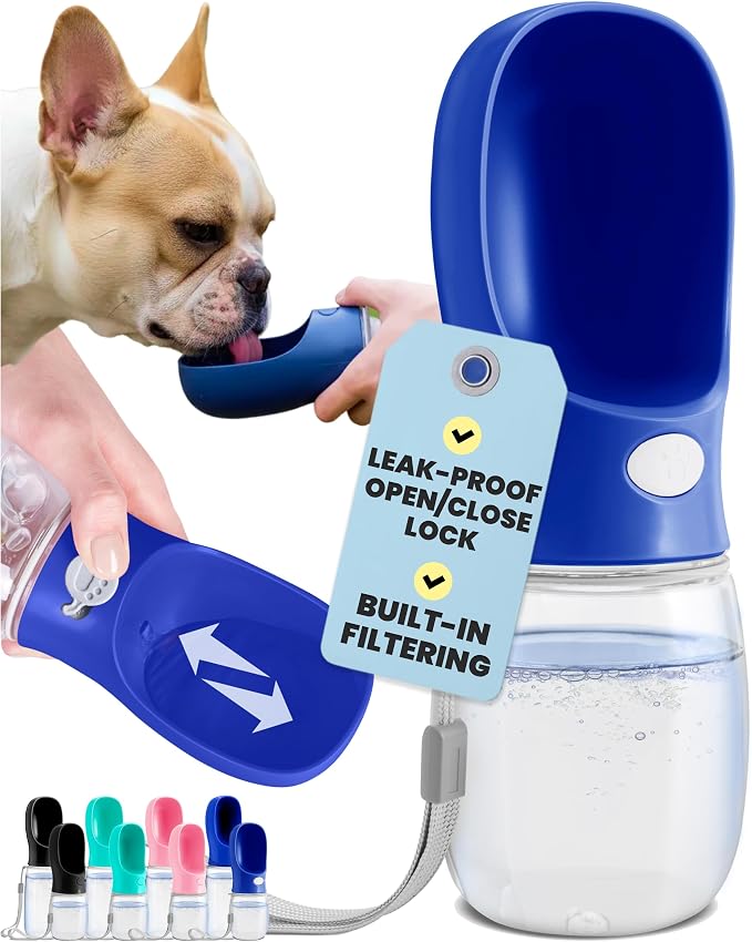 MalsiPree Dog Water Bottle Dispenser - 12 oz Navy Blue, Leak-Proof | 12oz leak-proof bottle & bowl - one-hand use - Use for dog walks, travel, hiking, park & beach days