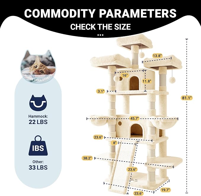 Allewie 82 Inches Large Cat Tree/House/XXL Tall Cat Towers for Big Feline/Scratching Post/Multi-Level Large Kitty Climbing Tree with Condo/Beige