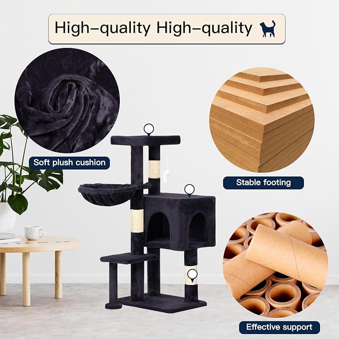 BestPet | 37" Cat Tree Tower | Dark Gray | Sturdy Multi-Level Cat Tree | with Plush Condo, Cozy Perch, Sisal Scratching Posts, Hanging Toy and Hammock | Easy Assembly | for Kittens & Adult Cats