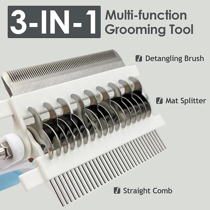 3-IN-1 Pet Grooming Brush, Undercoat Rake, Dematting Comb & Deshedding Tool | Blue Shedding Control Tool for Long Haired Dogs and Cats, Tangles & Loose Fur, Reduces Shedding & Prevents Hair Mess Removal
