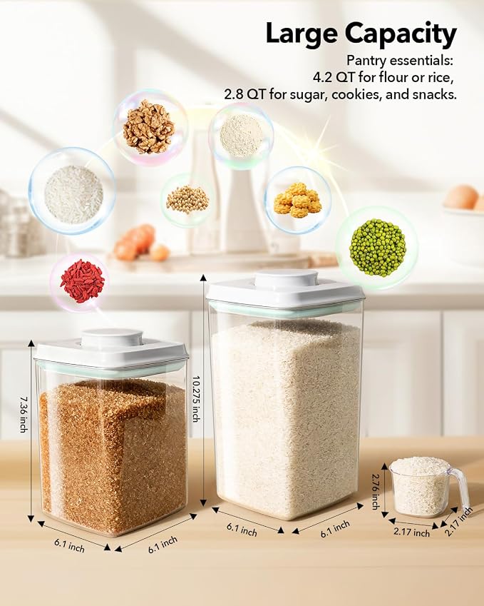 Food Storage Container Sets, 2.8 Qt *2+ 4.2 Qt *4 Airtight Canisters with Lids and 130ml Scoop, BPA-Free Plastic Pantry Containers for Flour, Sugar, Rice