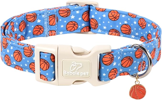 Basketball Dog Collar, Cute Boy Dog Collars for Small Dogs - Blue Sports Themed Cotton Male Dogs Collar, Soft Adjustable Daily Pet Collars with Quick Release Buckle S