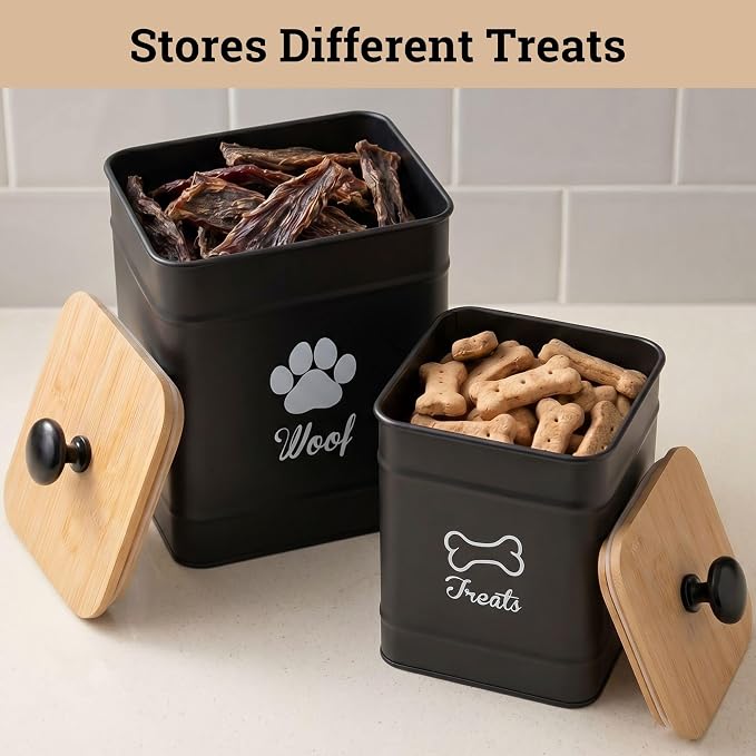 Dog Treat Container Airtight Set of 2 - 8x6 & 7x5 inch Iron Dog Treat Jars for Kitchen Counter with Airtight Bamboo Lids - 20 Cup Capacity Pet Treat Container Set - Doggie Cookie Jar - Treats Canister | Fits All Popular Treats, Up to 20 Cups Combined C...