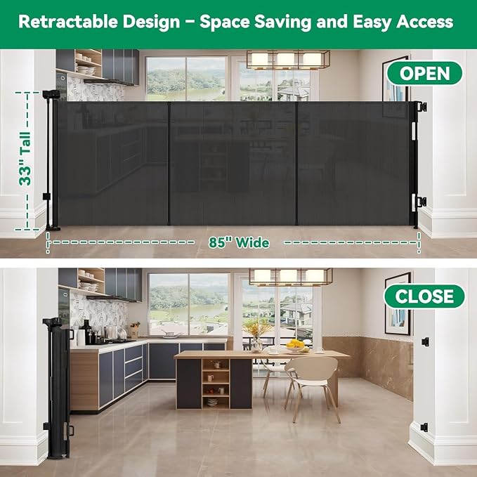 Reinforced 85" Wide Retractable Baby Gates Extra Wide Retractable Dog Gate with Support Rods – Prevent Crawling Under, Indoor Wide Baby Gate Outdoor Retractable Gate, Puppy Gates for The House, Black