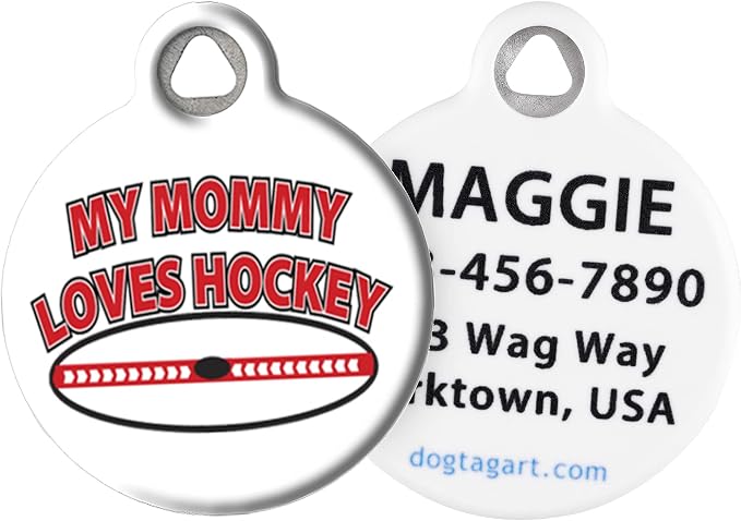 Sports-Themed Pet ID Tags for Dogs and Cats (Small (7/8" Diameter), My Mommy Loves Hockey)