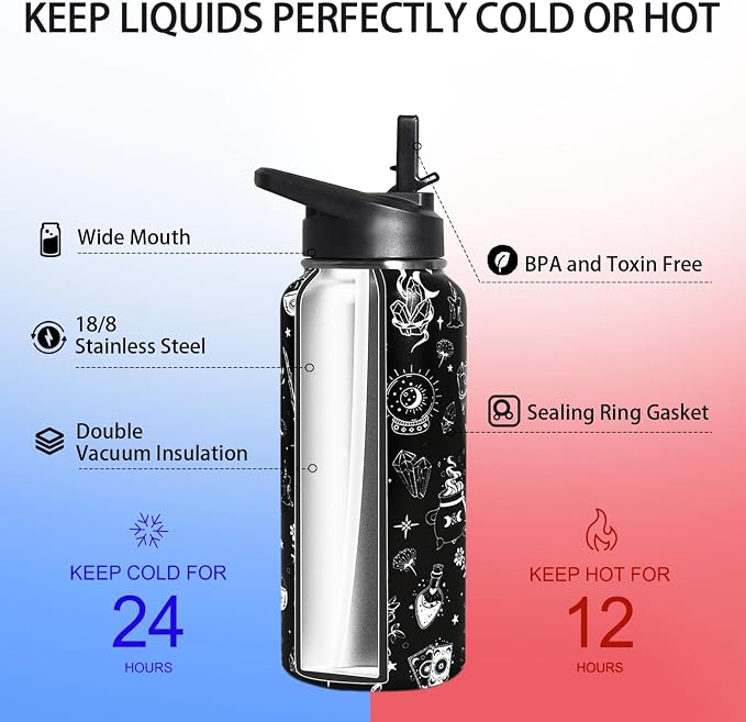 32oz Witch Insulated Aater Water Bottle with Straw Gym Hiking Sports Coffee Mug Cup Water Bottles,Halloween Gifts for Women,Goth Decor Stuff Accessories