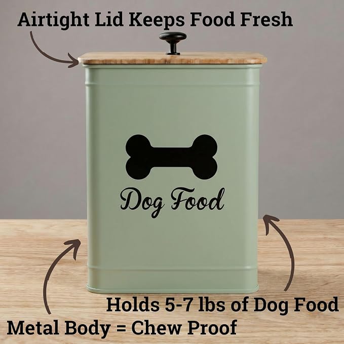 Dog Food Container Airtight Bamboo Lid 5-7 lb, 25 Cups, Sturdy Metal Handle | Pet Jar For Dogs up to 50lbs, Airtight Bamboo Lid, Sturdy Comfortable Metal Handle, Powder Coated Iron, Kibble Storage Bin