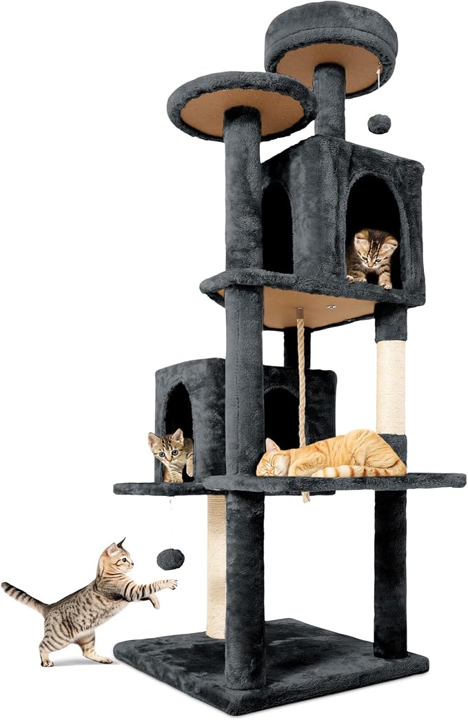 58.5inch Large Cat Tree Tower Condo for Indoor Cats, Soft Plush Multi-Level Climbing Tree Cat House with Cat Cave, Scratching Post, More Entrance/Exit, Sisal Rope, Grey Black