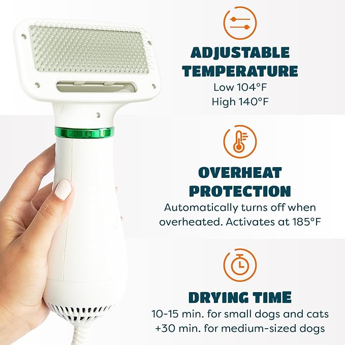 2-in-1 Dog Hair Dryer with Brush for Small Dogs and Cats, Pet Blow Dryer | Pet Grooming Dryer, Dry & Brush in One, 300 Watts, 75-85 dB, Adjustable Temperature, Overheat Protection, Portable