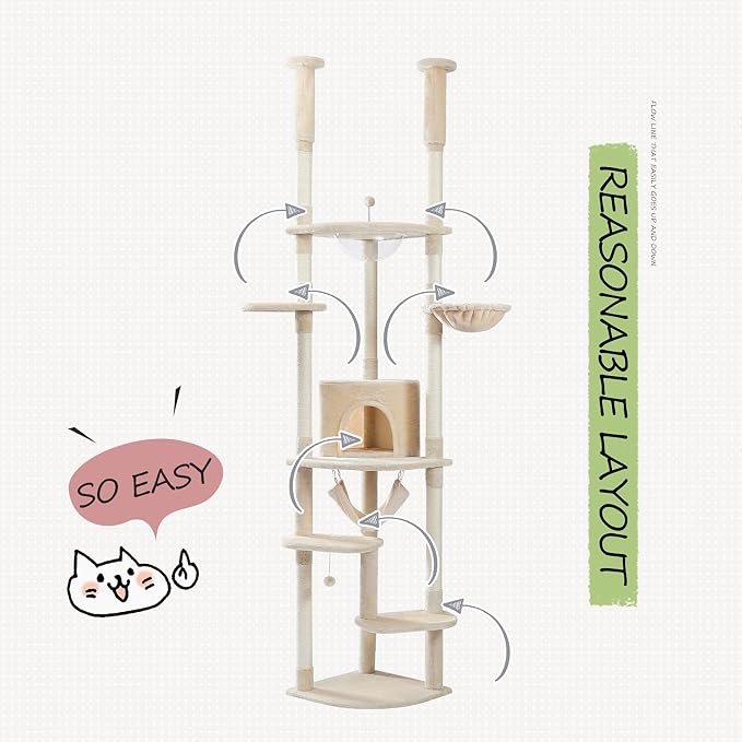 PEQULTI Floor to Ceiling Cat Tree, 92.9-101.6in Adjustable Cat Tower, Beige | Adjustable tower braces floor to ceiling; cozy condo, large hammock, perches & 9 sisal posts on fan base with anti-tip strap