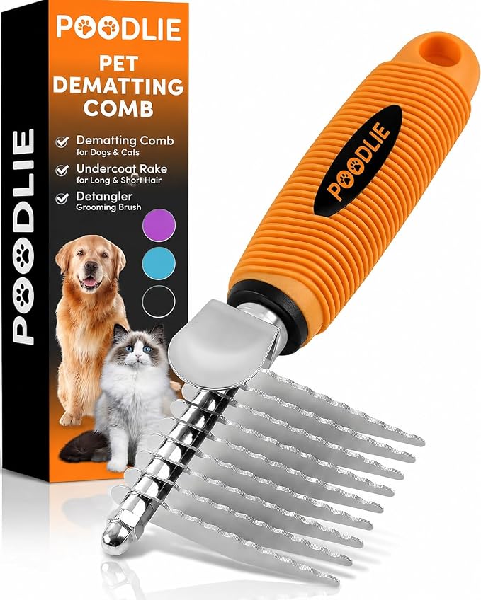 Poodle Dematting Fur Rake Comb Brush for Dogs and Cats - Long 2.5" Steel Safety Blades Metal Comb for Detangling Matted or Knotted Undercoat Hair (Orange)