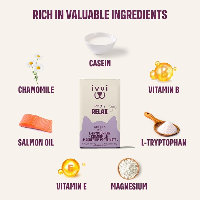 ivvi Relax for Cats – Calming Cream with Tryptophan, Casein, Magnesium & B Vitamins – Natural Stress Support – 30 x 0.53 oz Sachets – with Real Tuna